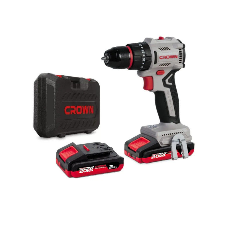 Trapano a Batteria Crown CT21145HMX 20 v Brush. a Percussione 2 Batterie da 4.0 Ah valigetta