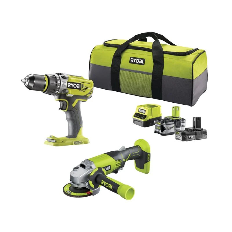 Kit Ryobi R18PDAG Trapano a Batteria+Smerigliatrice 18 V con 2 Batt.  1x2.0 Ah+1x4.0 Ah+Borsone omaggio