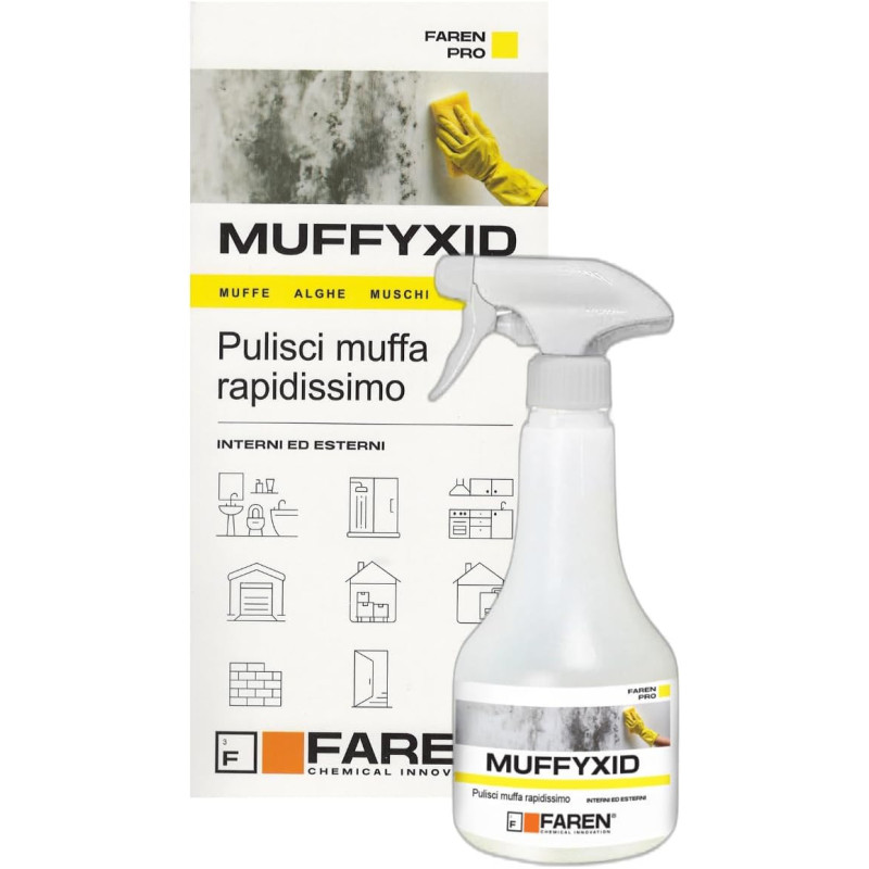 Muffyxid Faren Toglimuffa Pulisce ogni tipo di muffe da muri, vetri e rivestimenti sia interni che all'esterno.